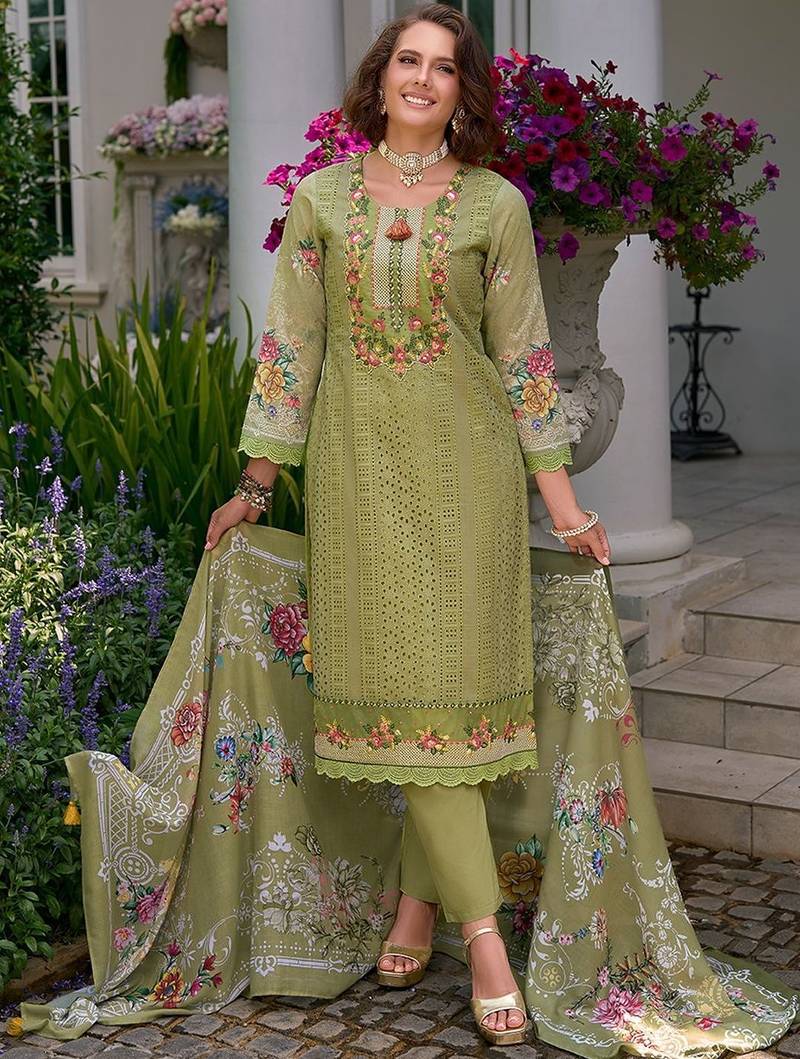 Women Embroidered Straight  Cotton Kurta Trousers With Dupatta set
