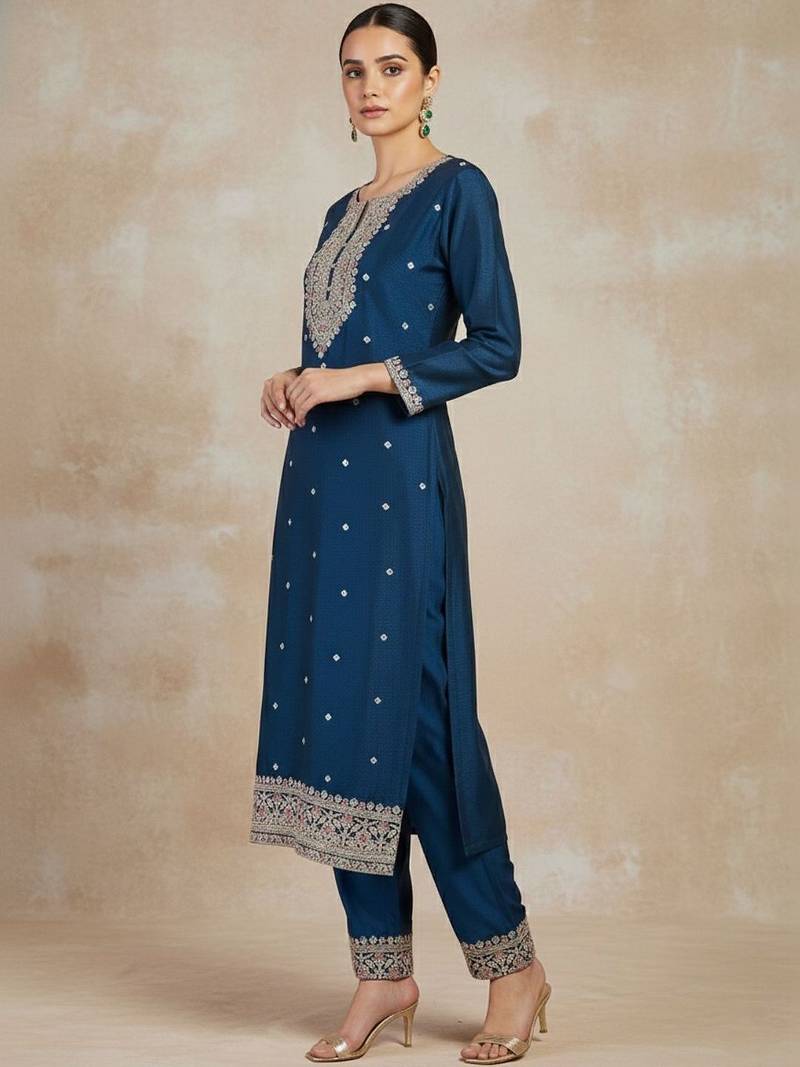 Women Ethnic Motifs Embroidered Regular Thread Work Kurta with Trousers & With Dupatta