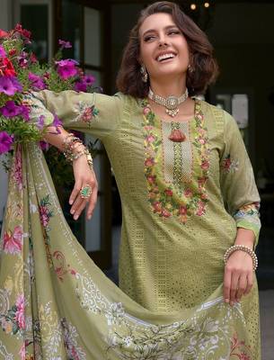Women Embroidered Straight  Cotton Kurta Trousers With Dupatta set 2