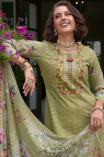 Women Embroidered Straight  Cotton Kurta Trousers With Dupatta set