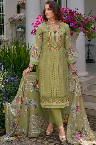Women Embroidered Straight  Cotton Kurta Trousers With Dupatta set