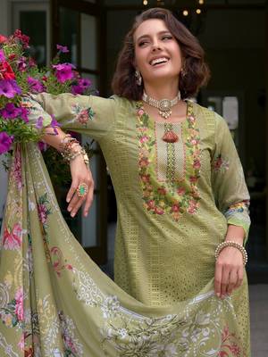 Floral Embroidered Mirror Work Pure Cotton Kurta With Trousers & Dupatta 2