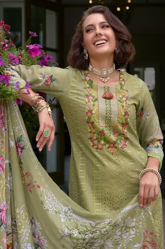 Floral Embroidered Mirror Work Pure Cotton Kurta With Trousers & Dupatta