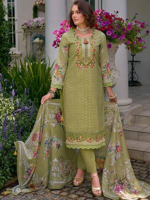 Floral Embroidered Mirror Work Pure Cotton Kurta With Trousers & Dupatta 1