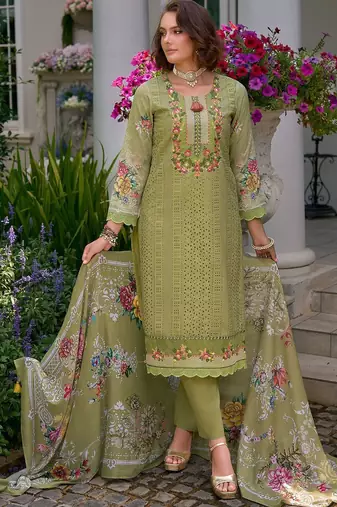 Floral Embroidered Mirror Work Pure Cotton Kurta With Trousers & Dupatta
