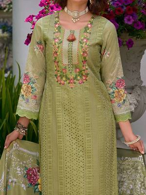 Floral Embroidered Mirror Work Pure Cotton Kurta With Trousers & Dupatta 3