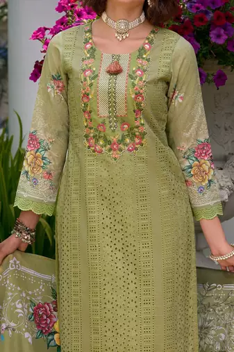 Floral Embroidered Mirror Work Pure Cotton Kurta With Trousers & Dupatta
