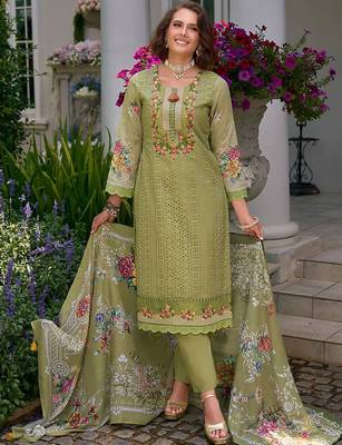 Floral Embroidered Mirror Work Pure Cotton Kurta With Trousers & Dupatta 5