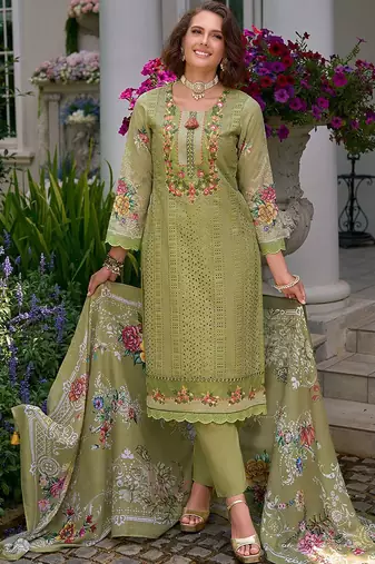 Floral Embroidered Mirror Work Pure Cotton Kurta With Trousers & Dupatta