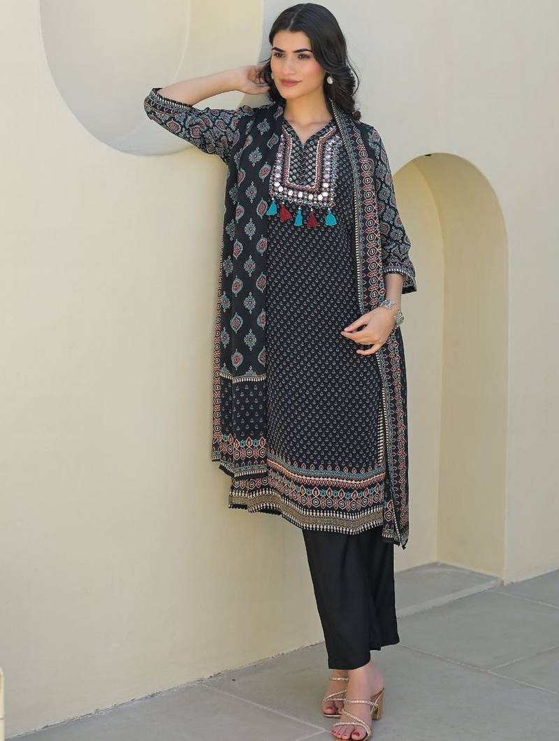 Women Ethnic Motifs Printed Regular Mirror Work Kurta with Trousers & With Dupatta
