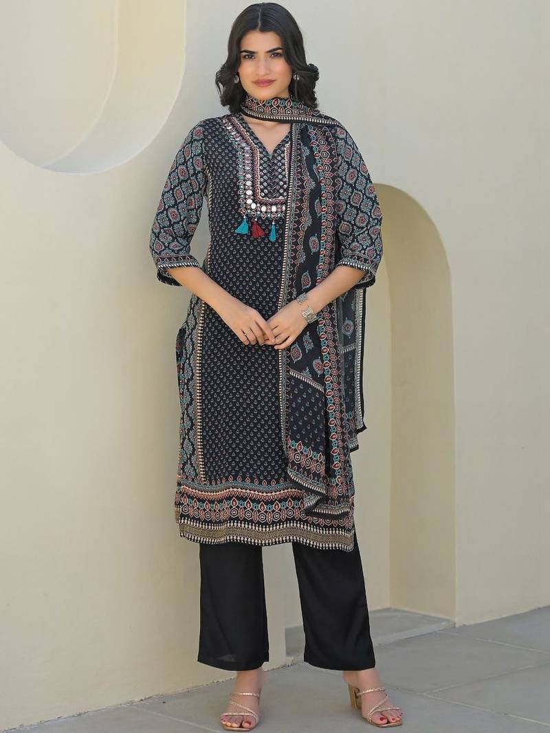 Women Ethnic Motifs Printed Regular Mirror Work Kurta with Trousers & With Dupatta
