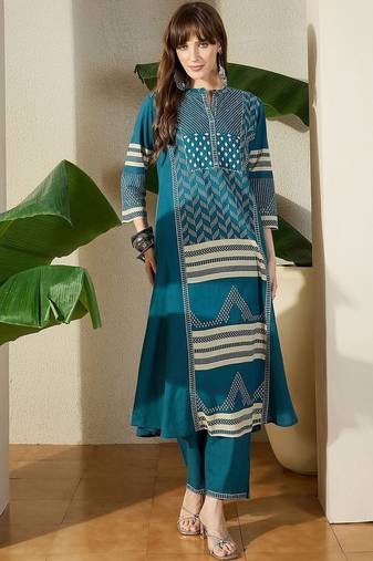 Women  Cotton Printed A-Line Kurta & Trousers