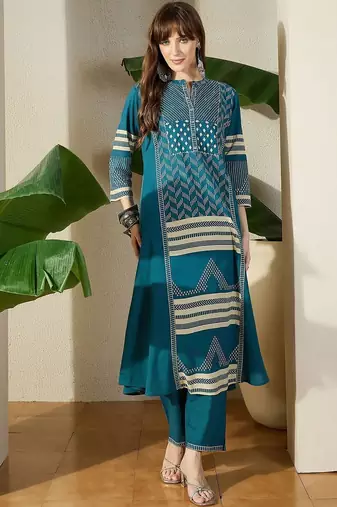 Women  Cotton Printed A-Line Kurta & Trousers