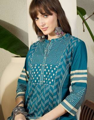 Women  Cotton Printed A-Line Kurta & Trousers 2