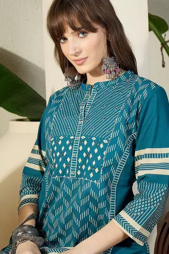 Women  Cotton Printed A-Line Kurta & Trousers