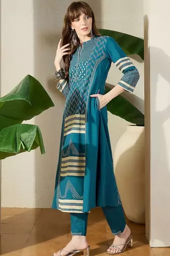 Women  Cotton Printed A-Line Kurta & Trousers