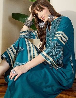 Women  Cotton Printed A-Line Kurta & Trousers 5