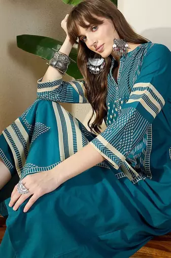 Women  Cotton Printed A-Line Kurta & Trousers
