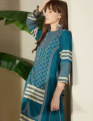 Women  Cotton Printed A-Line Kurta & Trousers 6