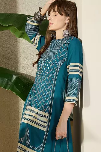 Women  Cotton Printed A-Line Kurta & Trousers