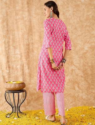 Ethnic Motifs Printed Straight Thread Work Kurta with Trousers 6