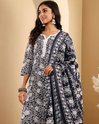 Blue Floral Printed Notch Neck Straight Kurta with Trousers & With Dupatta 2