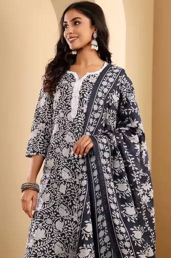 Blue Floral Printed Notch Neck Straight Kurta with Trousers & With Dupatta