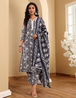 Blue Floral Printed Notch Neck Straight Kurta with Trousers & With Dupatta 3