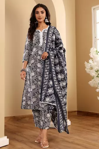 Blue Floral Printed Notch Neck Straight Kurta with Trousers & With Dupatta