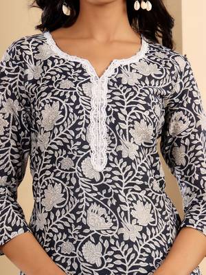 Blue Floral Printed Notch Neck Straight Kurta with Trousers & With Dupatta 4