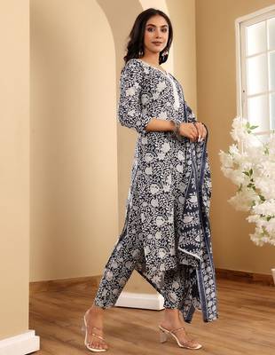 Blue Floral Printed Notch Neck Straight Kurta with Trousers & With Dupatta 5