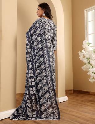 Blue Floral Printed Notch Neck Straight Kurta with Trousers & With Dupatta 6