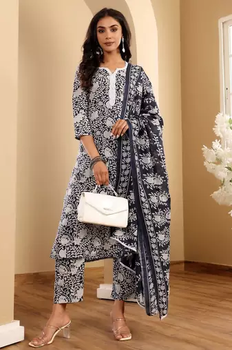 Blue Floral Printed Notch Neck Straight Kurta with Trousers & With Dupatta