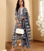 Blue Floral Printed Notch Neck Straight Kurta with Trousers & With Dupatta
