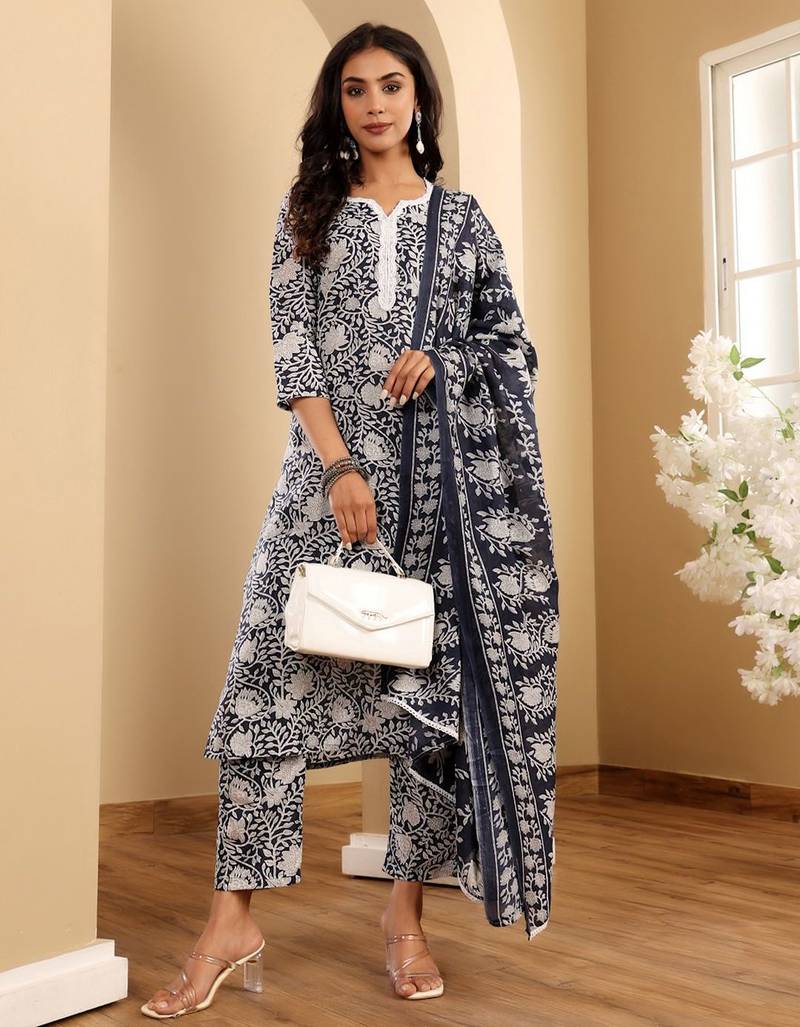 Blue Floral Printed Notch Neck Straight Kurta with Trousers & With Dupatta