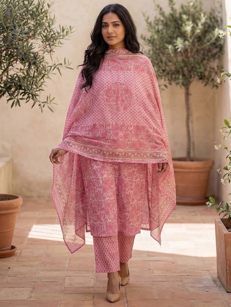 Women Floral Printed Regular  Cotton Kurta with Trousers & With Dupatta