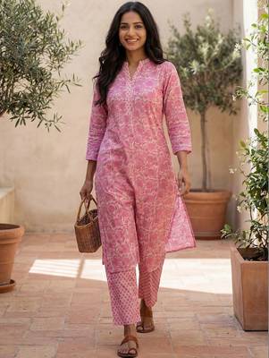 Women Floral Printed Regular  Cotton Kurta with Trousers & With Dupatta 4