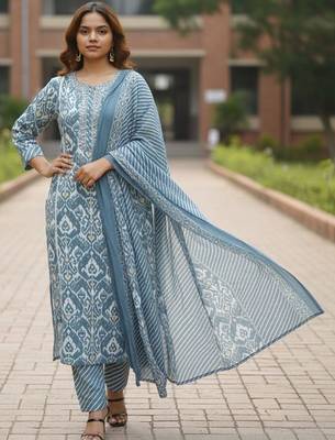 Women Floral Printed Regular  Cotton Kurta with Trousers & With Dupatta 2