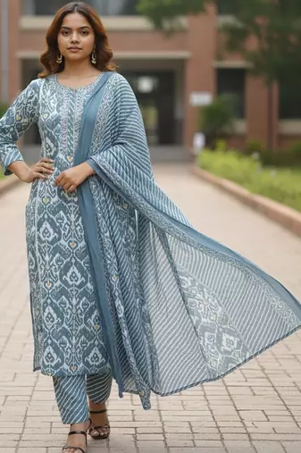 Women Floral Printed Regular Pure Cotton Kurta with Trousers & With Dupatta
