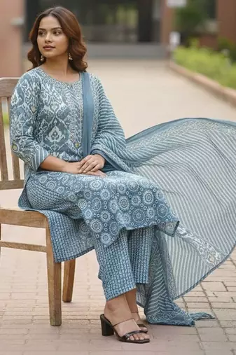 Women Floral Printed Regular Pure Cotton Kurta with Trousers & With Dupatta
