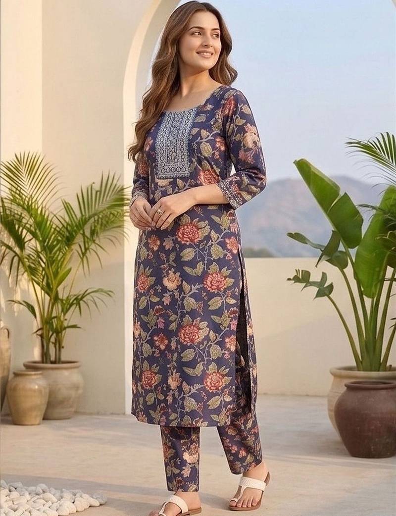 Women Floral Printed Regular Thread Work Kurta with Trousers & With Dupatta