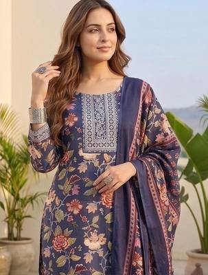 Women Floral Printed Regular Thread Work Kurta with Trousers & With Dupatta 2