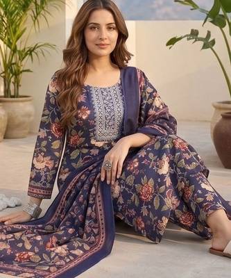 Women Floral Printed Regular Thread Work Kurta with Trousers & With Dupatta 3