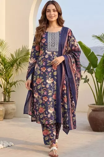 Women Floral Printed Regular Thread Work Kurta with Trousers & With Dupatta