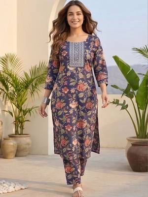 Women Floral Printed Regular Thread Work Kurta with Trousers & With Dupatta 6
