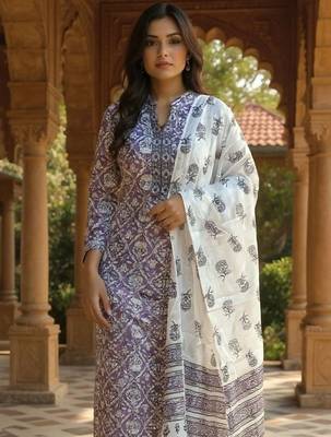 Women Ethnic Motifs Printed Cotton Kurta with Trousers & Dupatta 2