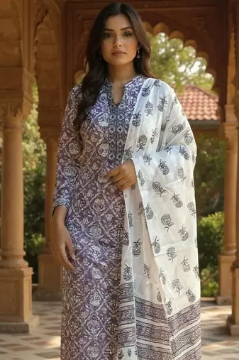 Women Ethnic Motifs Printed Cotton Kurta with Trousers & Dupatta