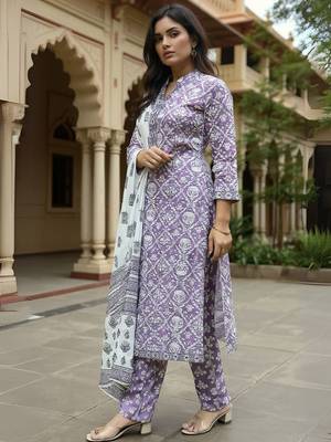 Women Ethnic Motifs Printed Cotton Kurta with Trousers & Dupatta 1