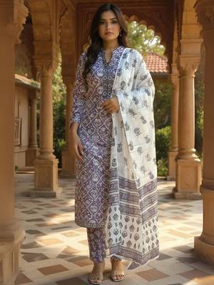 Women Ethnic Motifs Printed Cotton Kurta with Trousers & Dupatta 5