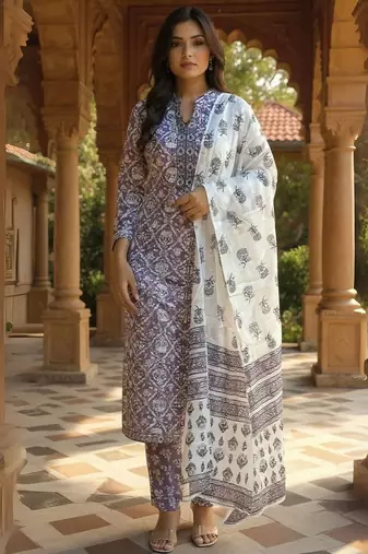 Women Ethnic Motifs Printed Cotton Kurta with Trousers & Dupatta